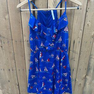 Hello Miss Blue Sailboat Print Ruffle Sundress | Summer Coastal Dress | Size M